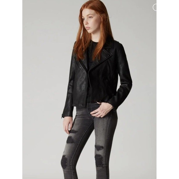 Black Faux Leather moto Biker Small,  Vintage Reinvented Jacket - Picture 2 of 7